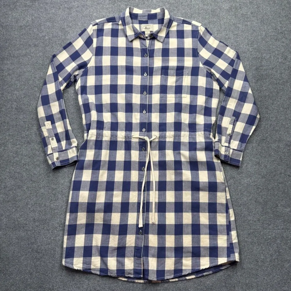 GH Bass Gingham Plaid Shirt Dress Blue White Womens L Preppy Nautical‎ Normcore